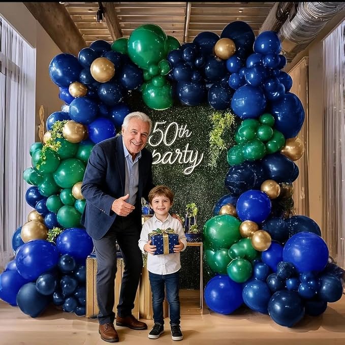 Dark Green Blue Balloon Garland, Double Stuffed Navy Royal Blue Emerald Green Gold Balloon Arch Kit for Birthday Graduation Wedding Anniversary Bear Baby Shower Father‘s Day Party Decoration
