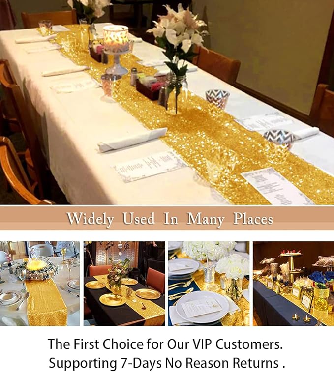 ShinyBeauty 15 Pack Gold Sequin Table Runners 12x108 inches Long - Sparkly Glitter Table Linens for Wedding, Party, and Elegant Events