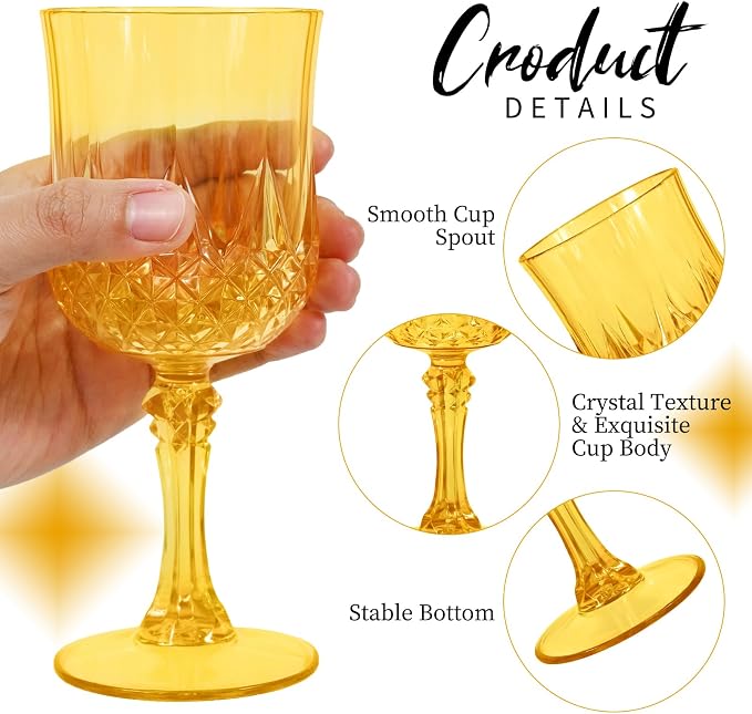 48Pack Gold Plastic Wine Glasses,Vintage Plastic Goblets for Parties, Light Gold Drinking Glasses Crystal Water Goblets Reusable for Wedding Reception, Grand Event Party Supplies