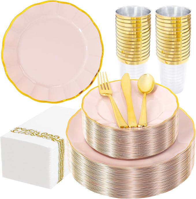 LIYH 350 Pcs Pink Plastic Plates for Party Pink Plastic Dinnerware Set for 50 Guest 100 Disposable Plates 150 Gold Plastic Silverware 50 Gold Cups 50 Napkins Perfect for Wedding Birthday