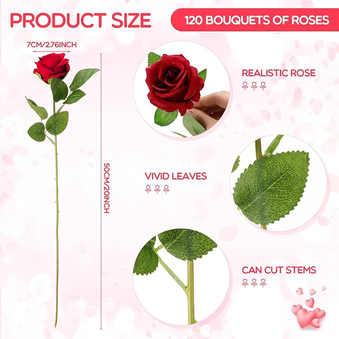 Hotop 120 Pcs Roses Artificial Flowers in Bulk,Long Stem Artificial Flower Bouquet,Silk Real Lifelike Fake Rose for Wedding Party Table Centerpieces Decor Valentines Gifts(Wine Red)
