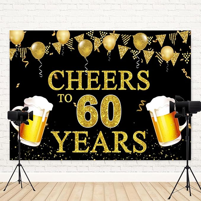 6x4ft 60th Birthday Backdrop Cheers to 60 Years Photography Background Golden Balloon Flag Beer Men Women 60th Birthdays Party Banner Decorations Anniversary Parties Photo Booth Prop