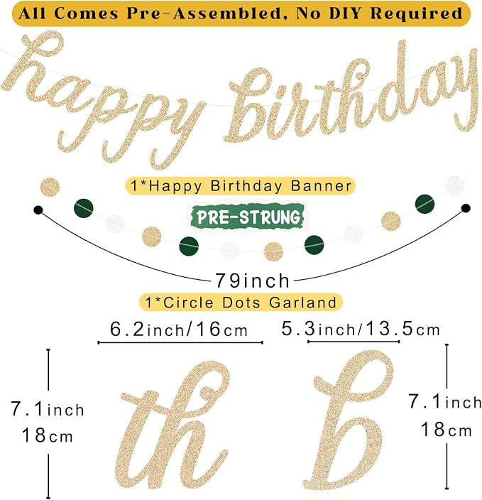 Sage Green Happy Birthday Decorations for Women, Pre-Strung Happy Birthday Banner with Honeycomb Balls, Paper Flowers, Lanterns, Hanging Swirls, Circle Dots Garland for Birthday Party Decor 24pcs