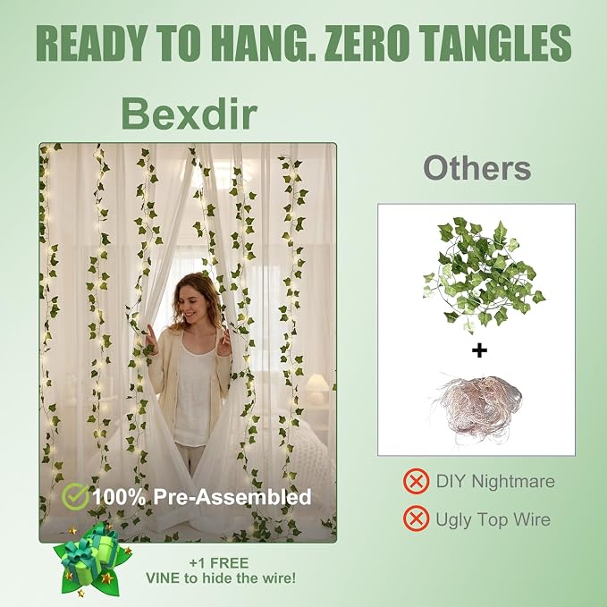 Bexdir 200 LED Vine Lights for Bedroom Decoration, 6.6x6.6ft Pre-Assembled Hanging Fake Vines with Fairy Lights Plug in, Aesthetic Artificial Ivy Curtain Lights for Room Wall Decor, Remote Included