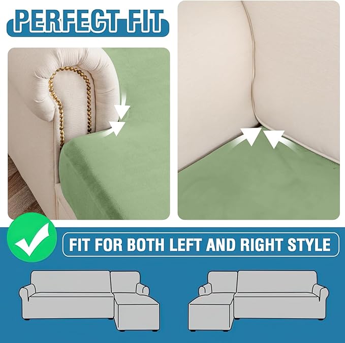 Couch Cover 4-Piece Elastic Velvet Couch Cushion Covers & Chaise Slipcovers for L-Shaped Sofas, Sofa Seat Covers Washable, Soft Cover for Couches (3 Seater + Chaise, Avocado Green)