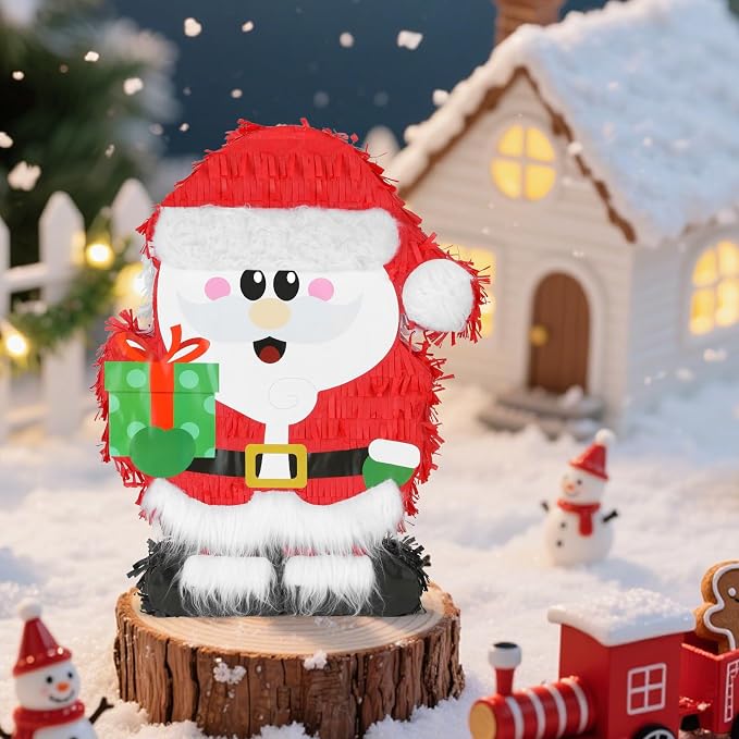 Christmas Santa Claus Pinatas Bundle with a Blindfold and Bat (Small Size 17x12.5x4 Inches), Holiday Theme Piñata, Christmas Party Supplies, Xmas Piñata, Party Decoration Games