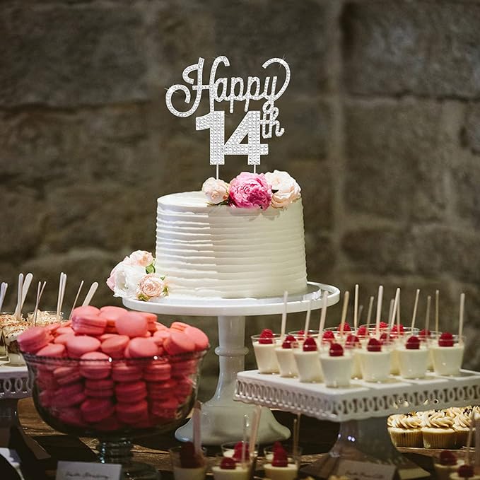 LINGTEER Happy 14th Birthday Silver Rhinestone Cake Topper - Cheers to 14th Birthday Fourteen Years Old Party Cake Centerpieces Topper Decorations Gift Sign.