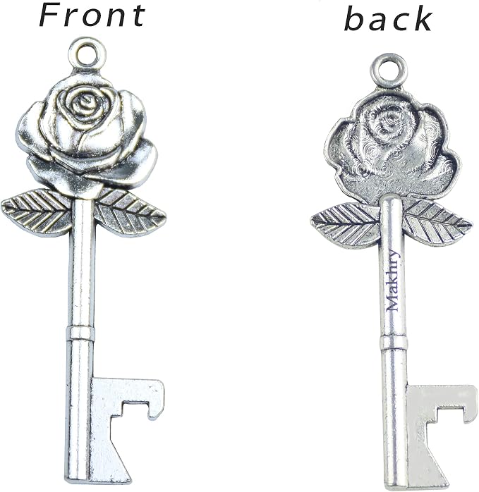 50 Set Skeleton Rose Key Bottle Openers with Candy Box In Antique Vintage Style Escort Tags French Ribbon As A Gift Souvenir At Wedding Party Supplies (Antique Silver)