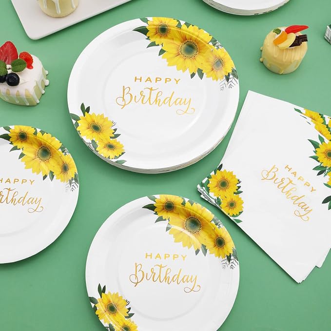 Sunflower Birthday Decorations for Women, Happy Birthday Plates and Napkins for Women Girl, Sunflower Party Decorations Serves 25, Thanksgiving Fall Party Decorations