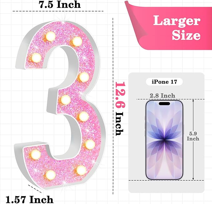 12.6 Inch LED Pink Marquee Light Up Numbers, Sweet 3rd Birthday Decorations Number Lights as Gifts for Girls Women, Glitter Lighted Marquee Numbers for Pink Anniversary Party Table Decor, 3