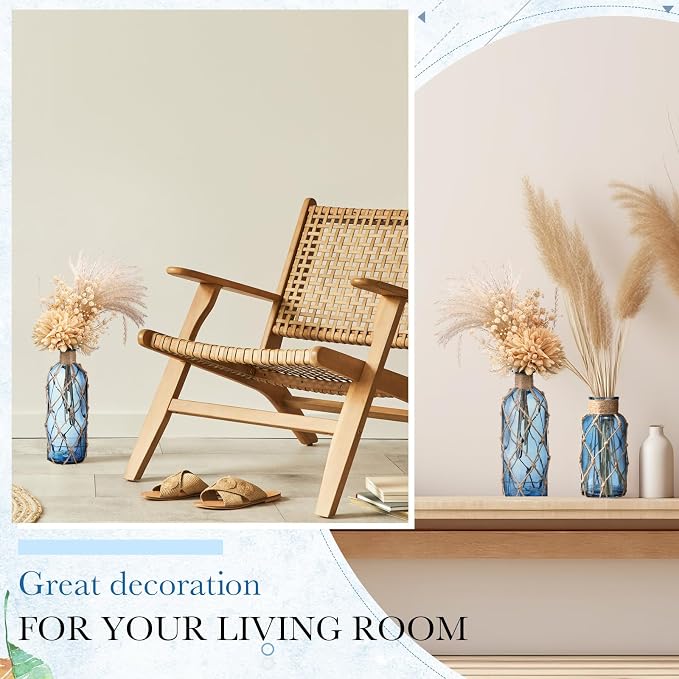 Chuangdi Set of 2 Coastal Glass Vases for Flowers TSITP Flower Vase with Boho Rope Small Sea Glass Jar Nautical Beach Bottle for Wedding Table Centerpieces Floral Arrangement Decor(Navy Blue)