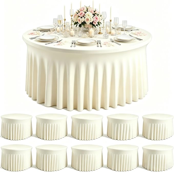 10 Pack Ivroy Spandex Round Tablecloths for 60inch Tables, 120 Inch Stretchy 5ft Round Fitted Tablecloth Wrinkle Free Washable Table Cloths Table Covers with Skirt for Wedding Party Birthday Banquet