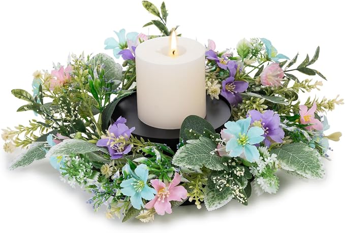 MOYEE Summer Centerpieces for Tables Candle Ring, Black Metal Candlestick with an Artificial Wreaths 14 in Versatile Dining Table Centerpiece Decor (Blue and Purple Flower Wreath)