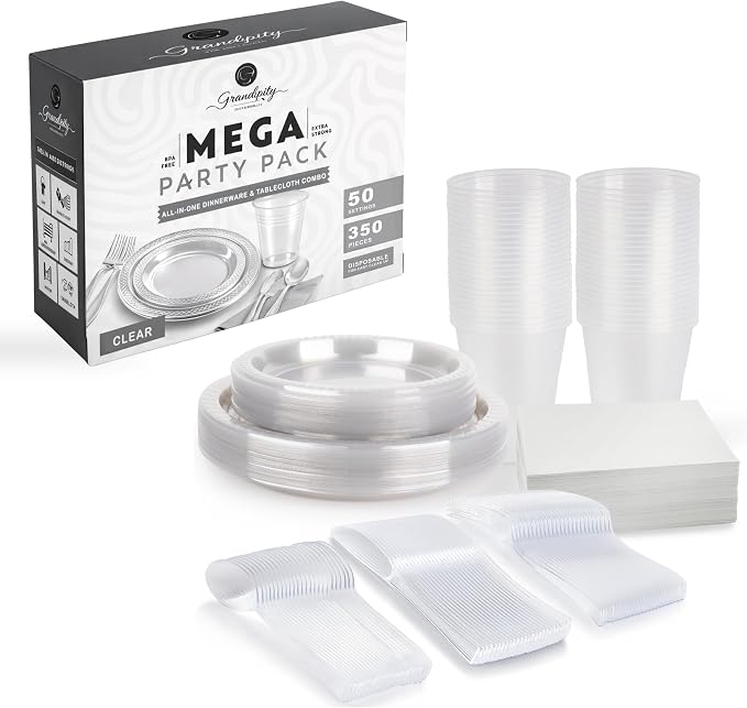 Grandipity 350 Piece Clear Disposable Dinnerware Set, Includes 50 of Each: 9" Dinner Plates, 7" Dessert Plates, 12oz Cups, Paper Napkins, Forks, Knives & Spoons