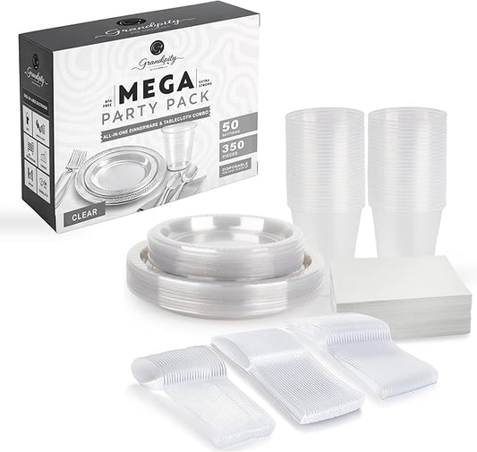 Grandipity 350 Piece Clear Disposable Dinnerware Set, Includes 50 of Each: 9" Dinner Plates, 7" Dessert Plates, 12oz Cups, Paper Napkins, Forks, Knives & Spoons