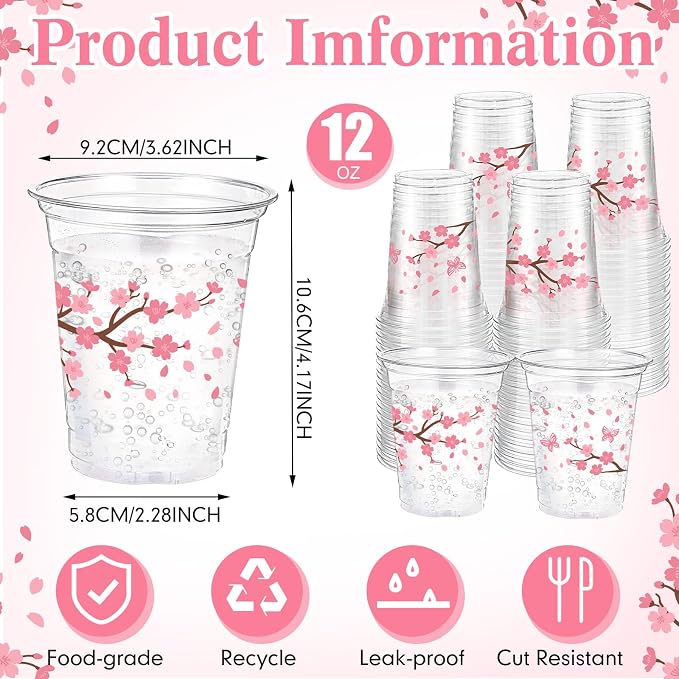 Funnymoom 60 Pack Cherry Blossom Plastic Cups 12 oz Pink Cherry Blossom Disposable Clear Plastic Drinking Cups for Spring Baby Shower Birthday Wedding Holiday Party Decorations Favors Supplies