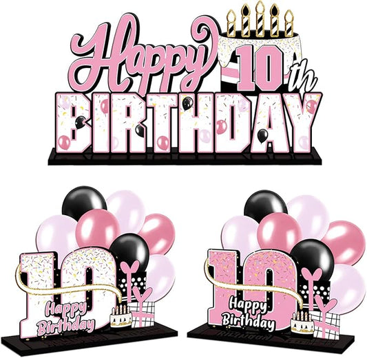 LINGTEER Happy 10th Birthday Pink Acrylic Table Topper Centerpieces Set - Cheers to 10 Years Old Birthday Ten Bday Party Gift Decorations.
