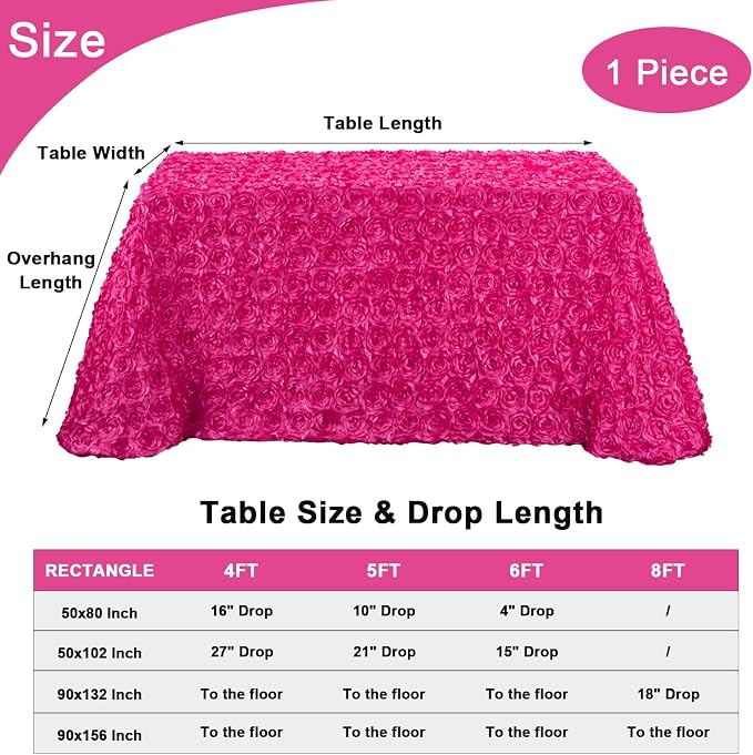 Fanqisi Party Hot Pink Table Cloth: 3D Floral Raised Rosettes Tablecloth - Rectangular 90x132 Inches Satin Tablecloth for Bridal Shower Meeting Events Decoration