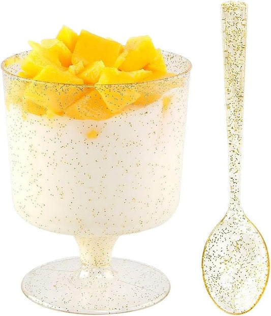 WDF 96PACK 7oz Gold Glitter Medium Large Plastic Dessert Cups With Spoons-48 Disposable Appetizer Cups |Wine Goblet Glasses & 48 Gold Glitter Tasting Spoons for Baby Shower Wedding Spring