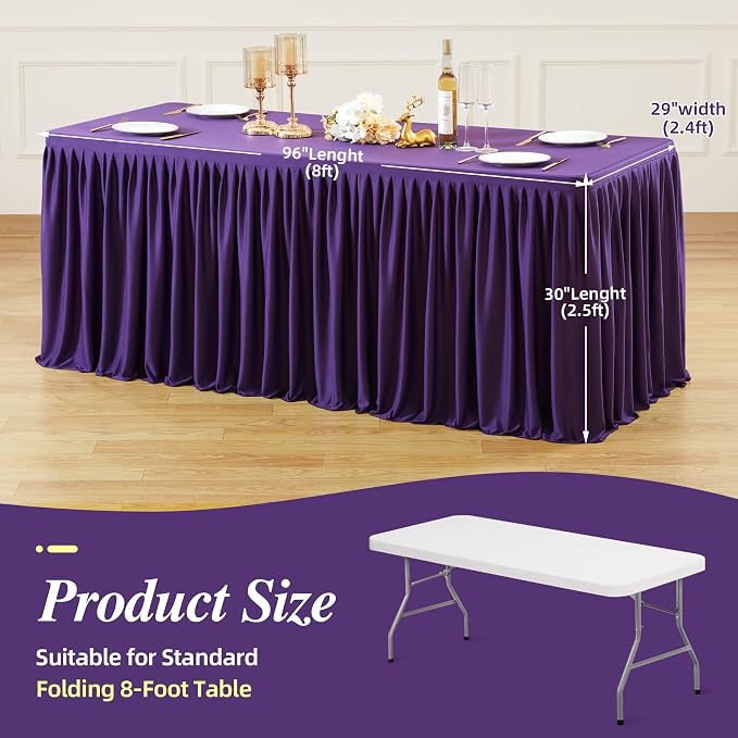 PARTISKY 2 Pack Purple Tablecloths for Rectangle Tables 8ft, Wrinkle Resistant Spandex Table Cover Fitted Stretch Table Cloth with Pleated Ruffle Skirts for Party Banquet Dining Birthday Wedding
