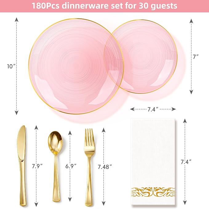 N9R 180PCS Pink Plastic Plates with Gold Trim, Disposable Party Dinnerware Set for 30 Guests, Include 30 Dinner & Salad Plates, Napkins, Forks, Spoons, Knives, Perfect for Wedding, Dinner Party