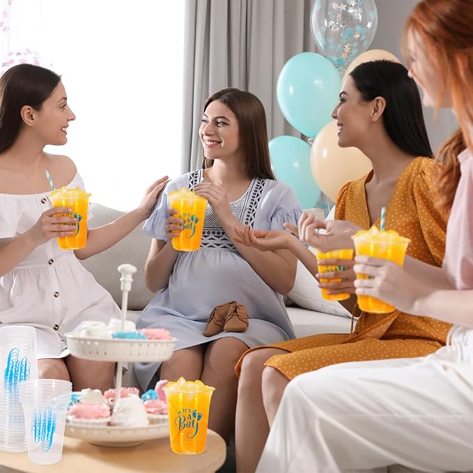 Whaline 50 Pcs Baby Shower Plastic Cups 16oz It's A Boy Clear Drinking Cup Blue Boy Gender Reveal Disposable Cups for Birthday Party Table Decoration Supplies