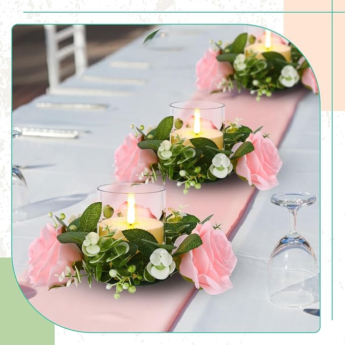 Yunlly 12 Pcs Rose Candle Rings with Flameless Candles Sets, Artificial Flower Eucalyptus Wedding Centerpiece 3 Inch Pillar Candleholders Wreaths for Wedding Party Mother's Day (Pink)
