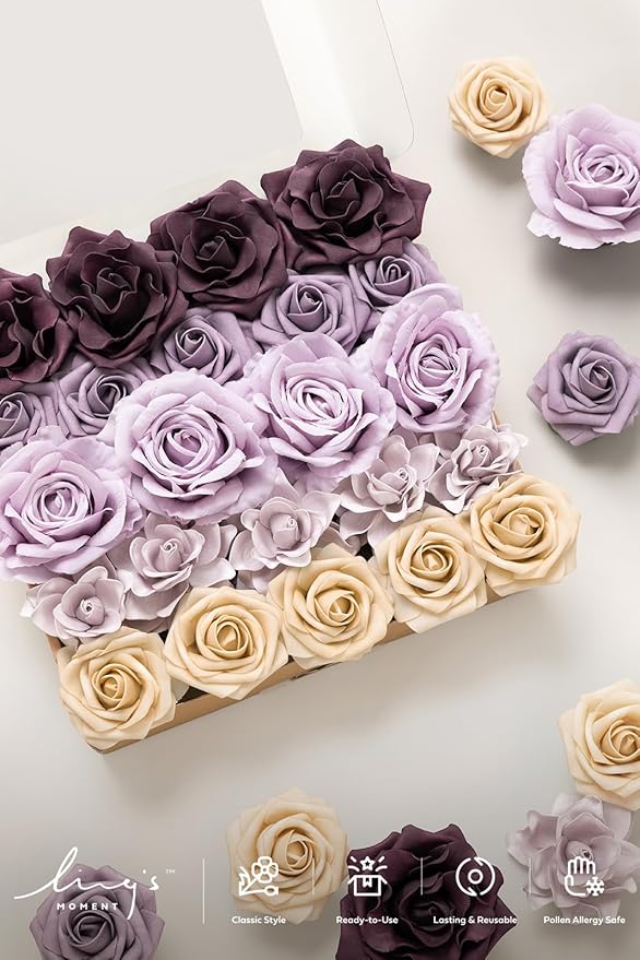 Ling's moment Artificial Flowers Fake Silk Roses Faux Foam Gardenia Combo for DIY Wedding Bouquets Centerpieces Arrangements Bridal Shower Party Home Decorations, Purple & Pale Lavender, 23pcs
