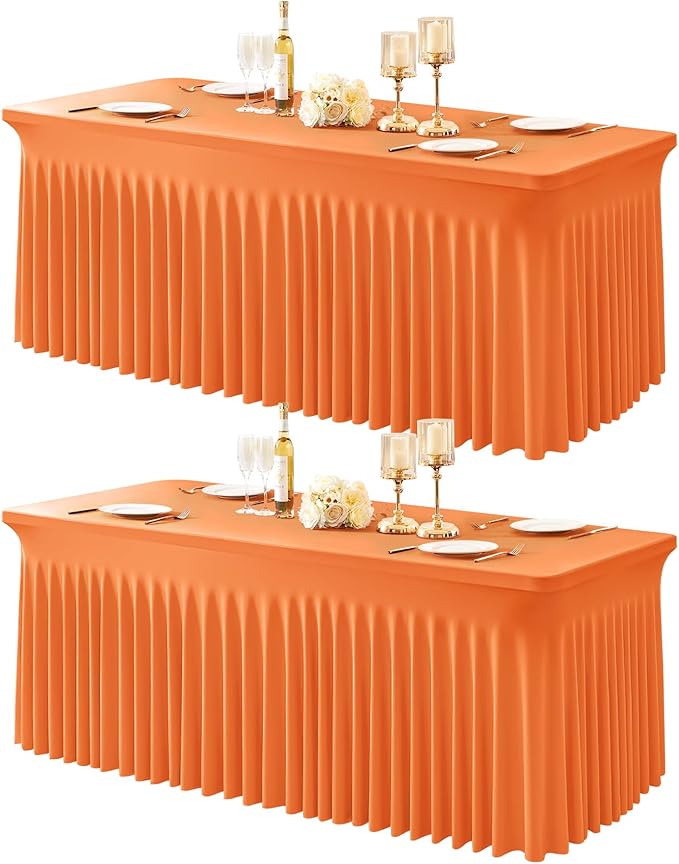 2 Packs Orange Table Clothes for 8 Foot Rectangle Tables, One-Piece Wrinkle Resistant Stretch Spandex Table Covers with Skirt for Event Banquet Wedding Birthday Party