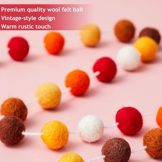 WILLBOND 3 Pieces Wool Felt Rainbow Ball Garland Colorful Pom Pom 6.5 ft Long 24 Ball Garland for Easter Mardi Gras Classroom Halloween Thanksgiving Xmas (Assorted Colors)