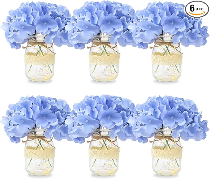 Mason Jar Table Centerpiece Set of 6 with Lights Blue Hydrangea artificial Flowers for Engagement Party Bridal Shower Centerpieces Wedding Christmas Thanksgiving Party Reception Table Decor