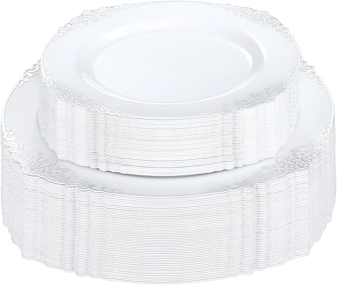 Bestluck 100 PCS White and Silver Plastic Plates for 50 Guests, Rose Gold Disposable Plates Include 50 PCS Dinner Plates, 50 PCS Dessert Plates for Party, Wedding and Baby Shower