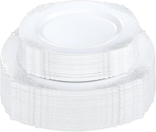 Bestluck 100 PCS White and Silver Plastic Plates for 50 Guests, Rose Gold Disposable Plates Include 50 PCS Dinner Plates, 50 PCS Dessert Plates for Party, Wedding and Baby Shower