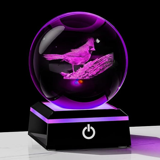 Qianwei Cardinal Gifts for Women Men - Crystal Ball 3D Laser Decor Glass Animals Red Bird Figurines Statue for Room Decorations Night Light