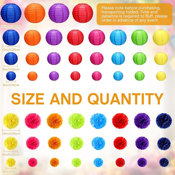 52 Pcs Mexican Fiesta Party Decorations 24 Fiesta Rainbow Tissue Paper Pom Poms 28 Hanging Paper Lanterns for Black History Festival, Cinco De Mayo Rainbow Parties Birthday Baby Shower