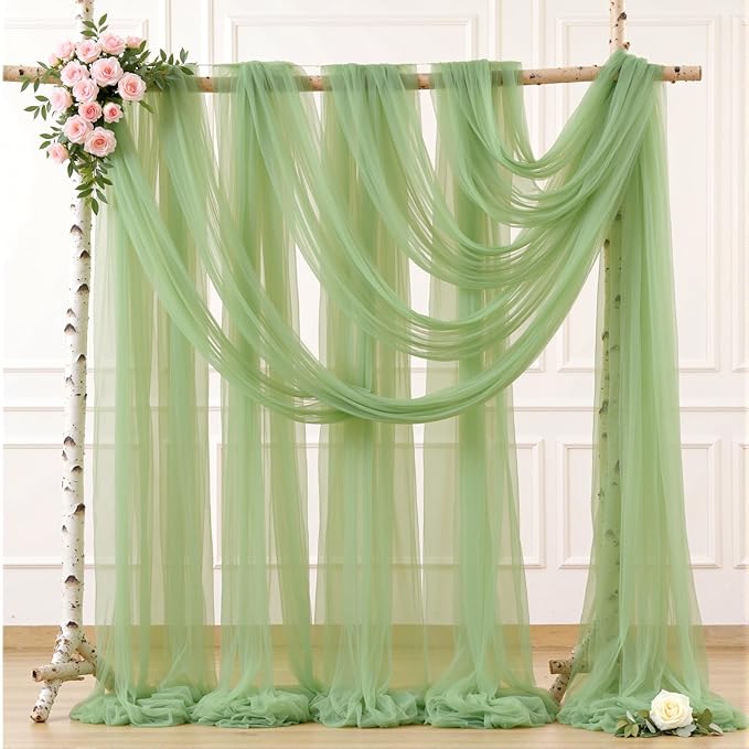 8 Panels Sage Green Wedding Arch Draping Fabric 30" x 19ft Wedding Drapes Tulle Drapes for Backdrop Sheer Fabric Backdrop Drapes Decorations Backdrop Curtains for Reception Ceremony Party