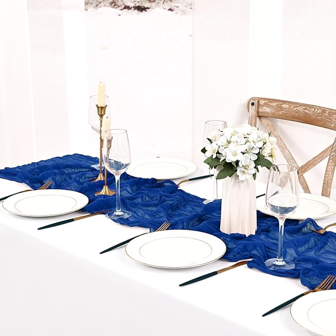 8 Pack Royal Blue Cheesecloth Table Runner 10FT Boho Gauze Cheese Cloth Table Runner Rustic Sheer Fabric Table Runners for Wedding Bridal Shower Baby Shower Party(21.5×120 Inch)