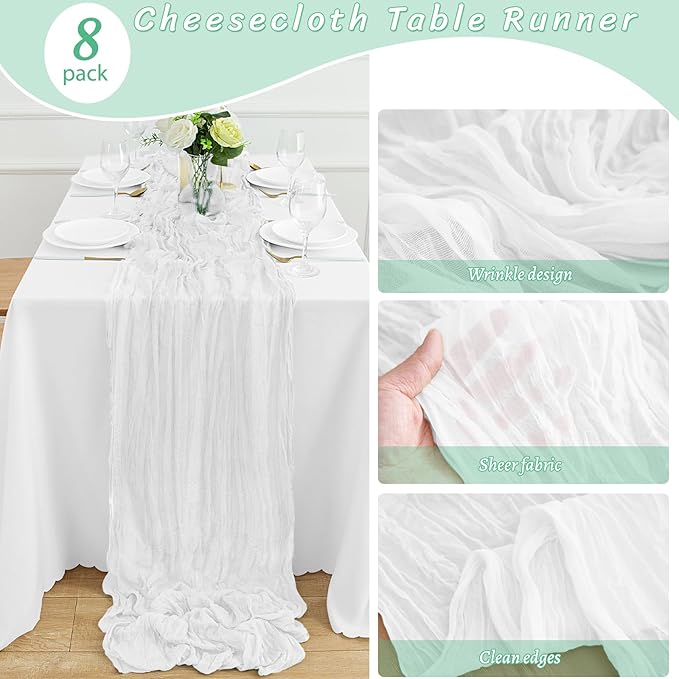 8Pack White Table Runner 10FT White Cheesecloth Table Runner 35x120Inch Long Boho Table Runners Rustic Gauze Table Runners for Party Wedding Bridal Shower Baby Shower Decorations