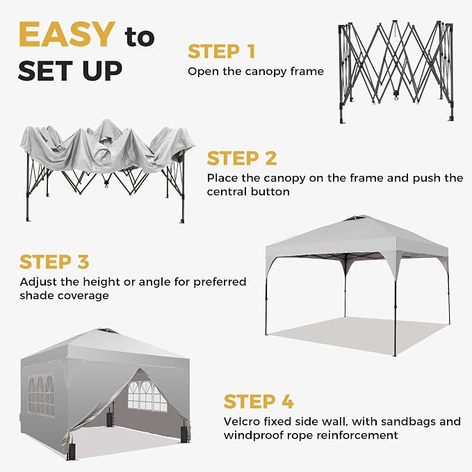 GDY 12x12FT Pop Up Canopy Tent with One Push Setup, Easy to Install with 4-Sidewalls for Events, Parties, Camping, Outdoor Gazebo with 4-Sandbags and Wheel Bag, White.
