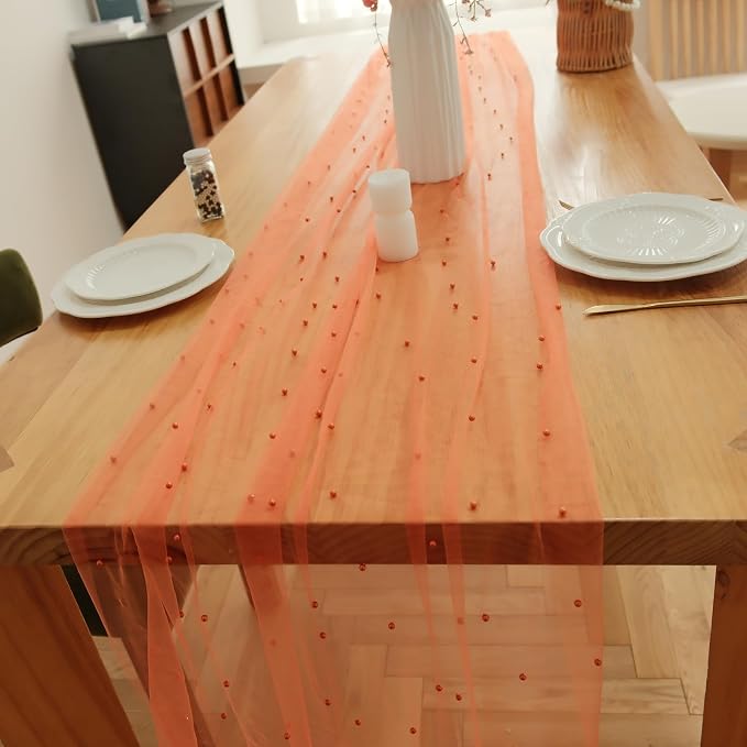 Set of 6 Pearl Table Runner 10ft, 29 * 120 Inch Orange Table Cloth Sheer Tulle Table Cover,Pearl Table Runner for Wedding Party Baby Shower Birthday Home Decor