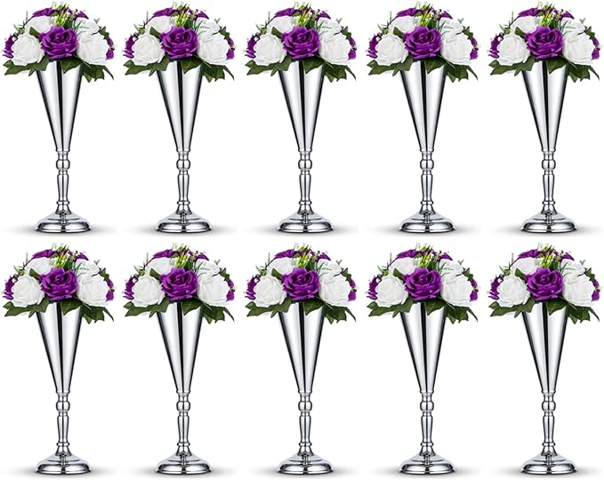 10 Pcs Tabletop Silver Metal Wedding Flower Trumpet Vase, 14 inch Table Decorative Centerpiece Artificial Flower Arrangements for Anniversary Ceremony Party Birthday Event Home Decoration (Silver)