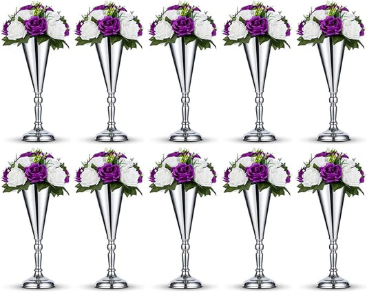 10 Pcs Tabletop Silver Metal Wedding Flower Trumpet Vase, 14 inch Table Decorative Centerpiece Artificial Flower Arrangements for Anniversary Ceremony Party Birthday Event Home Decoration (Silver)