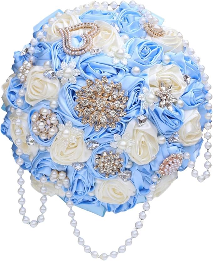 Light Blue Bridal Wedding Bouquet with Rhinestone Brooch Pearl String Cascade Bouquet for Bride Bridesmaid Quinceanera Satin Rose Flower Bouquet Wedding Light Blue and Ivory 8.7in