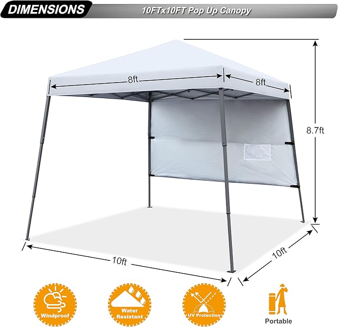ABCCANOPY Pop Up Canopy Tent-10x10 Outdoor Camping Canopy Slant Leg Beach Canopy Tent with Backpack Bag,10 x 10 ft Base / 8 x 8 ft Top，White