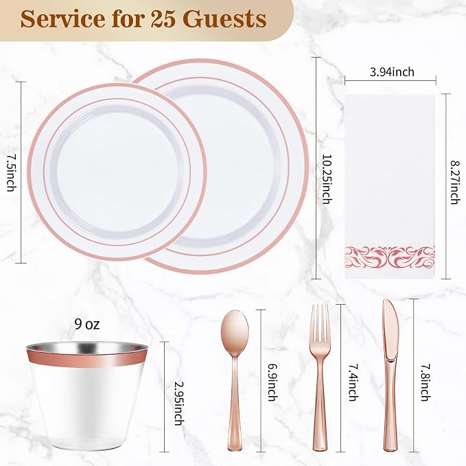 BESTVIP 175PCS Rose Gold Disposable Dinnerware Set for 25 Guests, Plastic Plates for Party, Wedding, Christmas, Include: 50 Plastic Plates, 25 Rose Gold Silverware, 25 Cups, 25 Napkins