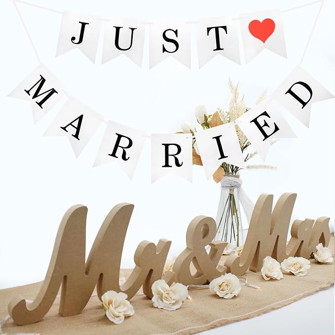 Mr & Mrs Wooden Letters, Just Married Banner, Head Table Wedding Decor - Anniversary, Valentine's Day, Vintage (Wood Color With Banner)