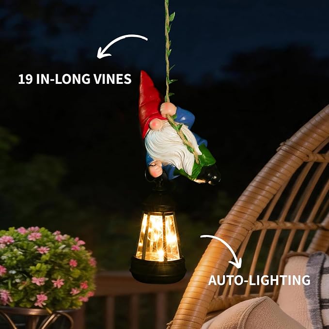 Solar Hanging Gnome Garden Statues Climbing Rope Gnome with LED Lantern Outdoor Decor Tree Hugger Yard Porch Wall Fence Decoration Mother's Day Birthday Gifts for Mom Women, Red Hat
