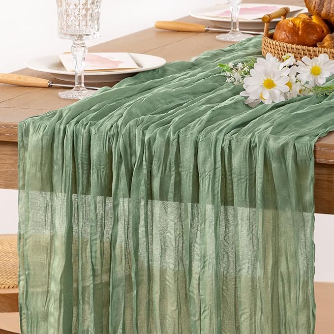 MLMC Sage Green Table Runner 10ft Rustic Gauze Cheesecloth Table Runner Sage Cheese Cloth Centerpiece Decor 35x120 Inches for Boho Wedding Bridal Shower Party Decor