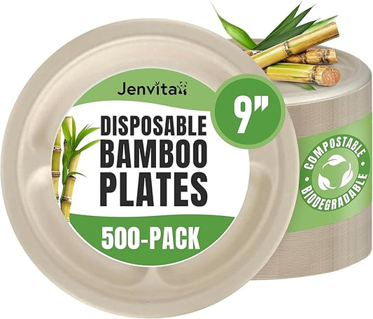 Bamboo Paper Disposable Plates with Compartment (500-Pack, 9-inch) - Sturdy & Microwave Safe | Disposable Sectioned Plates | PFAS Free, Biodegradable | FSC Certified Alternative to Plastic