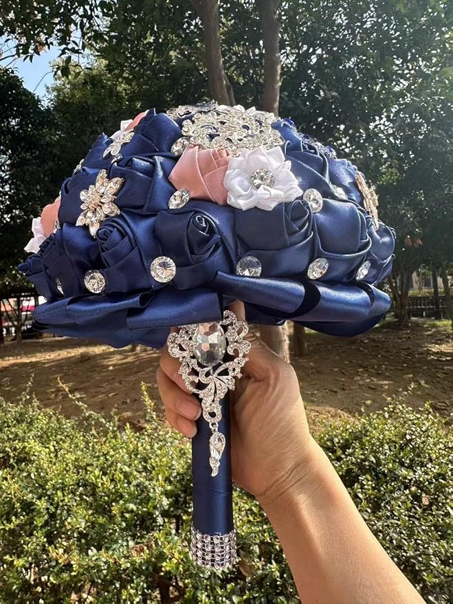 Bridal Wedding Bouquet with Luxury Rhinestone Brooch Bling Bouquet for Bride Bridesmaid Quinceanera Satin Rose Flower Bouquet Wedding Dusty Pink and Navy Blue 8.3in